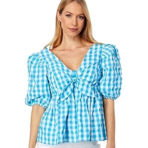 Lilly Pulitzer Sarafina Short Sleeve Turquoise‎ Oasis Crinkle Gingham Top